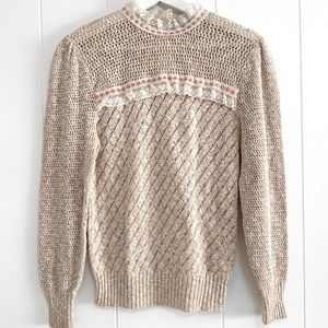 Vintage 70s Cotton Crochet Sweater 10 Lace Ribbon